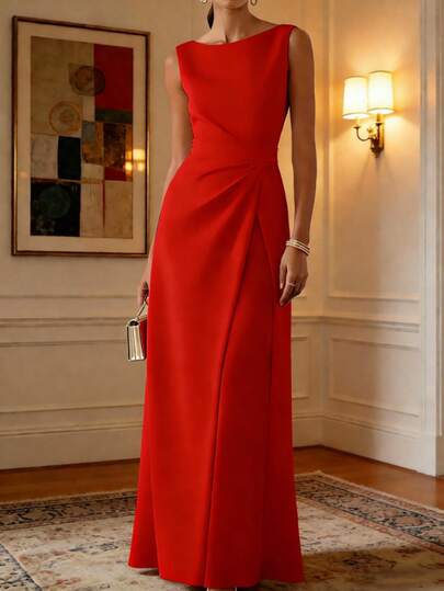 فستان صيفي أنيق وراحة للنساء، بدون أكمام، بلون أحادي عصري