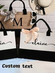 1pc Personalized Beach Tote Bag, Bridesmaid Gift Bag And Letter Scarf, Customized Burlap Bridesmaid Bag, Canvas Jute Gift Tote Bag (For Women),All-Purpose,Large Capacity - Multicolor - View 7