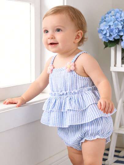 2pcs,Cute Baby Girl Clothing,Casual,Elegant,Soft,Comfortable,3D Floral-Embellished Layered Ruffled Striped Camisole Top And Simple,Versatile Elastic Waist Shorts,Baby Stuff,Suitable Summer For Everyday Wear, Parties, Photo Shoots,Outdoor Activities