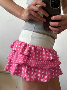 Layered Ruffle Mini Skirt For Women Summer Y2K Polka Dot Print Low Rise A-Line Tiered Short Skirts Party Club Beach Boho Skater Skirts - 粉色 - 查看 2