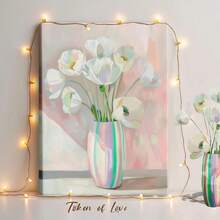 1pc Valentine Wall Art, Token Of Love, A Pink Framed Wall Art, Wrapped Canvas Poster Vintage Prints, White Flowers In Vase, Green Stems, Striped Pattern Vase - Botanical, Watercolor, Soft, Delicate Style, Birthday Party Decor, Decorative Wall Art for Living Room Bedroom Office, Hanging Hardware Included - Wrapped Framed Canvas, Vertical - Lienzo enmarcado - Ver 1