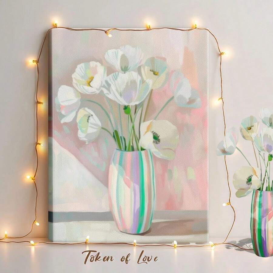 1pc Valentine Wall Art, Token Of Love, A Pink Framed Wall Art, Wrapped Canvas Poster Vintage Prints, White Flowers In Vase, Green Stems, Striped Pattern Vase - Botanical, Watercolor, Soft, Delicate Style, Birthday Party Decor, Decorative Wall Art for Living Room Bedroom Office, Hanging Hardware Included - Wrapped Framed Canvas, Vertical - Lienzo enmarcado - Ver 1