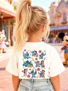 Disney Girls' T-Shirt, Creative Lilo & Stitch Alphabet Cartoon Double-Sided Print, Summer Girls' Cotton Crew Neck Short Sleeve, Perfect For Everyday Wear, Vacations, Outdoor Activities, And As A Gift For Kids. - 白色 - 查看 3