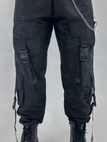 Calça TACTEL com Corrente - Bolsos - Trava engate rápido/modelo cargo/look festival/traje fantasia/cosplay/ccxp/coleçao carnaval 2026/masculina/unissex/lgbt/parada gay/traje gótico/punk - Preto - Visão 4