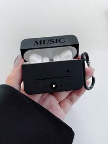 1pc Black Matte Square Earphone Case With Music Player Print And Black Hook, Compatible With Apple 1/2, Pro, 3, Pro 2, 4, Pro 3 (Earphones Not Included) - Black - View 6