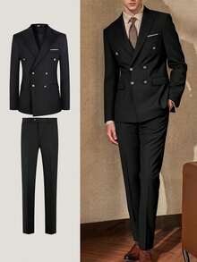 2pcs New Men's Suit Set, Notched Lapel Double-Breasted Design, Elegant & Comfortable Men's Blazer + Pants - Black - View 1
