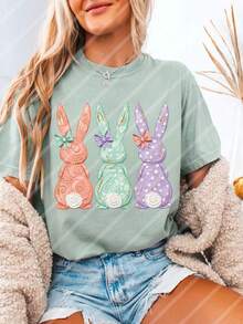 10英寸复活节兔子手绘春季DIY熨烫热转印贴纸，适用于T恤、连帽衫、布料、枕套、包袋和服装装饰，节日派对装饰 - 彩色 - 查看 7