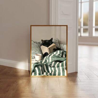 1pc/Set Funny Black Cat Reading Book Wall Art Print, Cozy Striped Green Bedroom Poster, Cute Cat In Bed Illustration, Home Decor Living Room, Wall Decor, No Frame