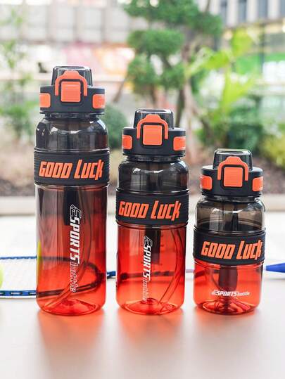 1pc 950ml/30oz Or 750ml/26oz Or 550ml/21oz Gradient Color Sports Straw Water Bottle, Large Capacity With Measurement Scale, Woven Handle For Easy Carrying, Bounce Back Straw, Portable & Durable, "Good Luck" Design, Suitable For Outdoor Sports, Fitness, Running, Camping, Also A Great Gift