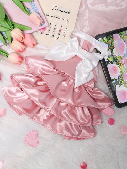 Valentine's Day Pink Satin Pet Dress - Layered Ruffled Puppy Skirt With Large White Bow For Small Dogs