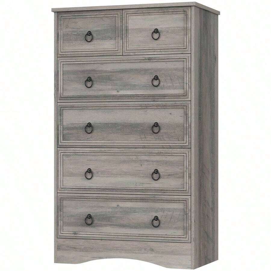 Taupe / Cherry Wood 6 Drawers Dresser,  Tall Wood Chest Of Drawers, Storage Organizer Clothes, Brownish Vintage, Living Room, Bedroom, Hallway - 櫻桃木 - 查看 1