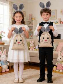 1/3/6pcs Large 26*20cm Easter Burlap Drawstring Gift Bags With Fluffy Rabbit Ears And Beads, Easter Burlap Candy Bags - Multicolor - View 9