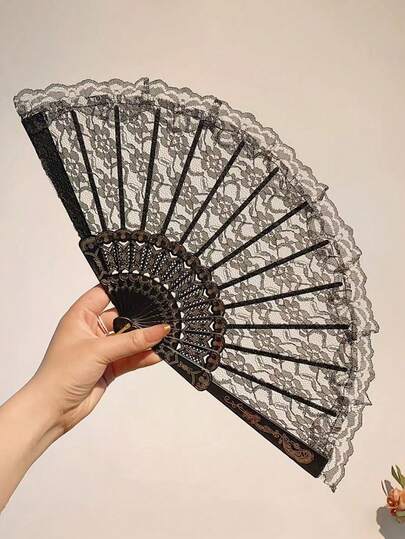 1PC Black Exquisite Lace Folding Fan, Victorian Gothic Handheld Accessory,Multicolor Hollowed-Out Lolita Lace Fan, Used For Qipao, Traditional Chinese Dress, Folding Fan, Dance Fan, Cooling And Heat-Reducing Fan Lace Fan Wedding Props