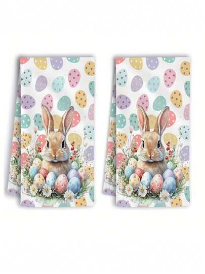 1/2/4 piezas Toallas de cocina con diseño de conejo y huevo de Pascua - Material de poliéster suave, diseño de dibujos animados modernos con huevos y flores de colores, adecuado para decoración de cocina, baño, sala de estar, toallas decorativas para fiestas | Diseño divertido | Toallas de cocina de poliéster