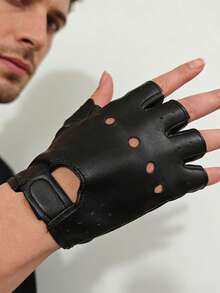 1 Pair Men's Street Dance Half Finger Leather Gloves, Suitable For Nightclub Pole Dancing, Dance Performances - Black - View 1