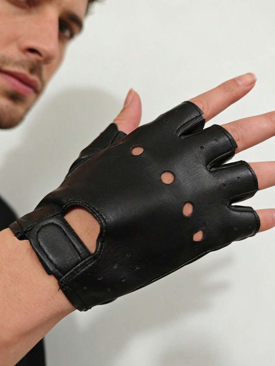 1 Pair Men's Street Dance Half Finger Leather Gloves, Suitable For Nightclub Pole Dancing, Dance Performances - Black - View 1