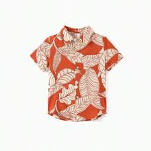 PatPat Family Matching Outfits Coral Leaf Print Halter Dress Or Short-Sleeve Shirt Set Summer  Vacation Collection - 紅色 - 查看 5
