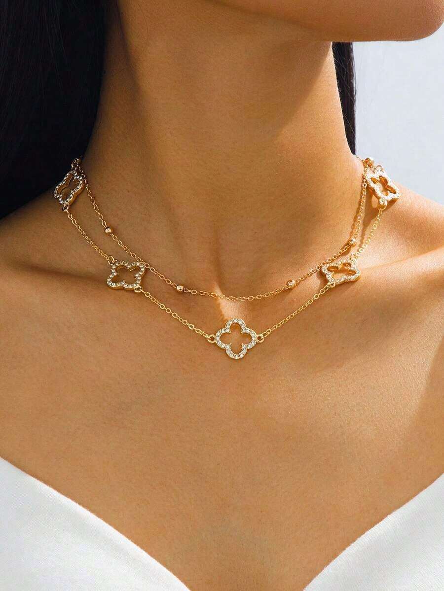 1pc Luxurious Hollow Clover Pendant Necklace For Women, Double Layer (Bead Quantity May Vary Due To Handmade Cutting, Fixed Length) - 黃金2 - 查看 1