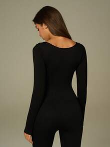 UONNOU Jumpsuit Olahraga Bergaris Pengangkat Bokong Bentuk Buah Persik, Bodysuit Yoga Lengan Panjang Leher Persegi untuk Musim Gugur dan Musim Dingin - Hitam - View 7