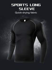 1pc Men's Compression Long Sleeve Breathable Quick-Dry Fitness Top, Tight Core Workout Base Layer, Moisture-Wicking Black Spring Sports - Black - View 4