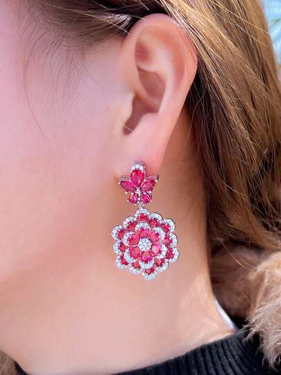 一对精美玫瑰红立方氧化锆水晶花朵耳环，长款垂坠式新娘首饰，镀银，适合新娘、伴娘、婚礼、订婚、宴会、派对、舞会、选美等场合，送给女士、女友、妻子、母亲的礼物