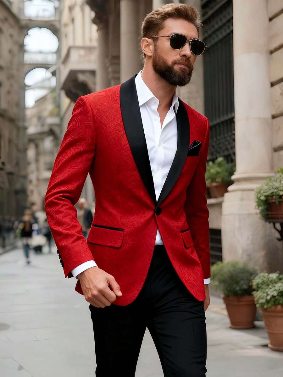 Men's Suit Jacket – Textured Shawl Lapel One-Button Blazer For Party, Dinner & Formal Events - 紅色 - 查看 1