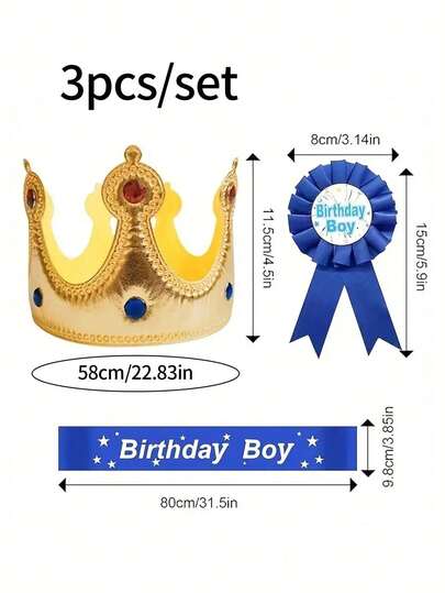 3pcs/Set Random Color Components Of Badges, Sashes And Crown Hats For Boys' Birthday Party
