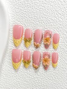10pcs Bright Yellow Series Nail Stickers, Handmade Manicure Set, Gold Bow Nail Art Decor, Shiny Champagne Rhinestone Accents, Handmade Floral Art Decor, Yellow Textured Gel Nails, 3 Sizes Available: Almond, Duck Mouth, Coffin, Includes Tool Kit, Suitable For Women & Girls, Suitable For Parties, Celebrations, Birthdays, Daily Wear Nail Supplies - Multicolor - View 3