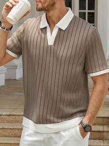 Áo polo nam tay ngắn cổ phối màu tương phản, chất liệu jacquard đục lỗ, kiểu dáng thường ngày. - Cà phê nâu - Xem 2