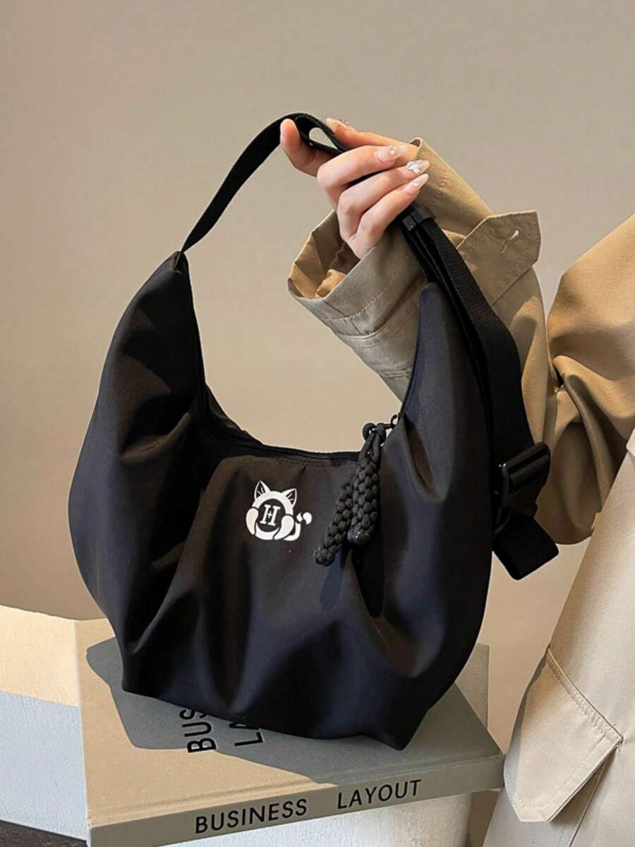 Túi đeo chéo khóa kéo dung tích lớn, màu trơn thời trang, túi đeo vai thể thao tiện dụng, túi đi làm đơn giản dành cho nữ. - màu đen - Xem 1