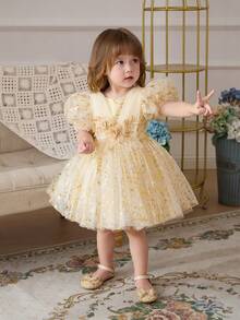 Baby Girls Champagne Puff Sleeve Mesh Tulle Peplum Dress, Princess Party Dress Suitable For 1st Birthday, Wedding, Banquet, Party, Holiday Celebration - Champagne - View 4