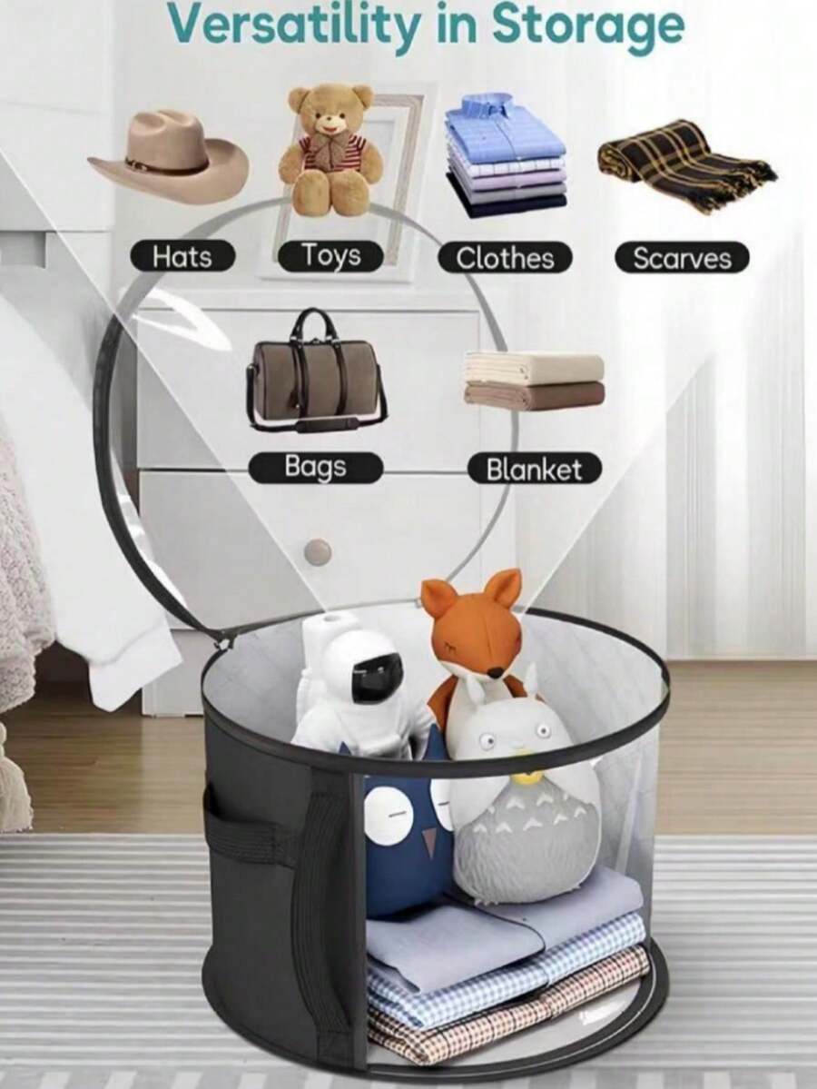 1个圆形可堆叠透明布艺帽子收纳盒，超大容量，耐用塑料材质，适用于牛仔帽、遮阳帽、沙滩帽等，轻便防污，带透明窗口、双拉链和加固提手，也可用于收纳衣物、玩具、日常通勤用品等，是春季、圣诞节、万圣节、新年礼物的理想之选。 - 彩色 - 查看 1