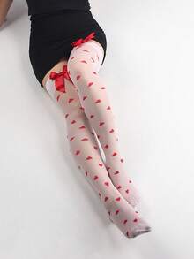 1 Pair Women's Thigh High Socks With Heart Design, Red Bow Accent, Sexy Leg Warmers, Cosplay & Holiday Socks For Valentine's Day - White - View 4
