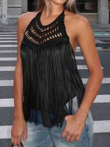 Women Halter Top, Tie-Up Sleeveless Tops Backless Hollowed Tasseled Summer Vest For Club Party - 黑色 - 查看 2