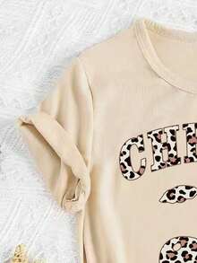 少女休闲度假时尚街头豹纹樱桃字母图案短袖T恤和裤子套装，春夏秋季 - 杏色 - 查看 3