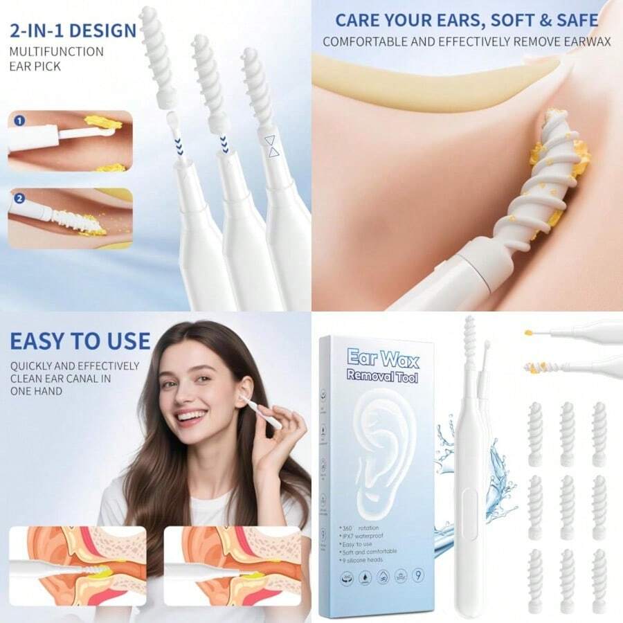 2025 Ear Wax Removal Tool Multifunctional Spiral Ear Cleaner Q Grips Earwax Cleaning Tool With 9 Replacement Tips Washable Ear Wax Removal Kit For Deep Cleaning Ear Picks - 如圖 - 查看 1
