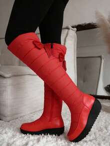 Platform Wedges Boots For Women Thigh High Outdoor Waterproof Boots Snow Over The Knee Boots Winter Warm Lined Fur Boots With Side Zipper Bow Wedges Heel Shoes - 紅色 - 查看 6