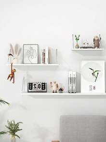 1件装壁挂式储物架，无需钻孔的木质分隔架，客厅壁挂式展示架，宿舍厨房收纳木板 - 白色 - 查看 9