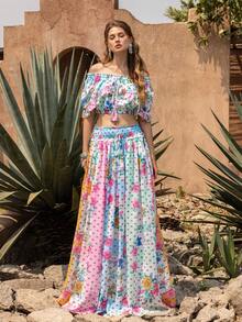 Faeriesty 2-Piece Elegant Open Shoulder Outfit: Embroidered Cropped Top With Ruffle Trim; High-Waisted Printed Maxi Skirt With Elastic Drawstring Waist; Mixed Prints; Lightweight And Flowing Fabric - Perfect For Destination Wedding Guest, Boho Bride Photoshoot, Garden Party, Vacation, Romantic Getaway Summer - Multicolor - View 5