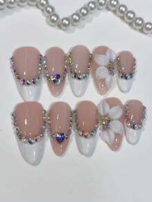 Bộ 10 móng giả cao cấp, kiểu dáng nhẹ nhàng và thanh lịch, được vẽ tay với họa tiết chạm khắc 3D, đính đá lấp lánh, thích hợp cho các buổi tiệc quan trọng, dạ hội sinh nhật, Tết Nguyên đán và Lễ Tình nhân. - Hồng - Xem 1