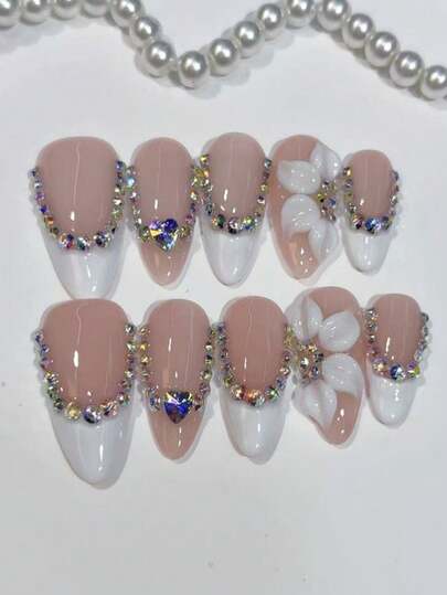 10pcs High-End Gentle And Elegant Style, Hand-Painted Three-Dimensional Carved Patterns, Sparkling Diamond Pile Handmade Fake Nails, Nail Patches Suitable For Important Banquets, Birthday Balls, New Year's Day And Valentine's Day Events