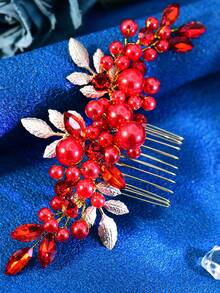 1pc Handmade Exquisite Faux Pearl Alloy Leaf Hair Comb, Women Wedding Party Prom Festival Headpiece, Valentine's Day Date Gift Hair Accessory - Red - View 4
