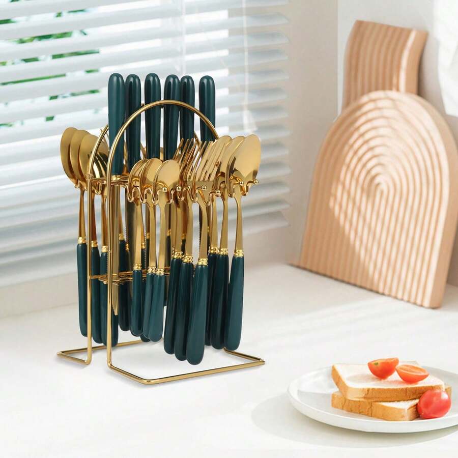 24-Piece Cutlery Set, Stainless Steel Cutlery Set With Stand For Kitchen Hotel - Dark Green - View 1