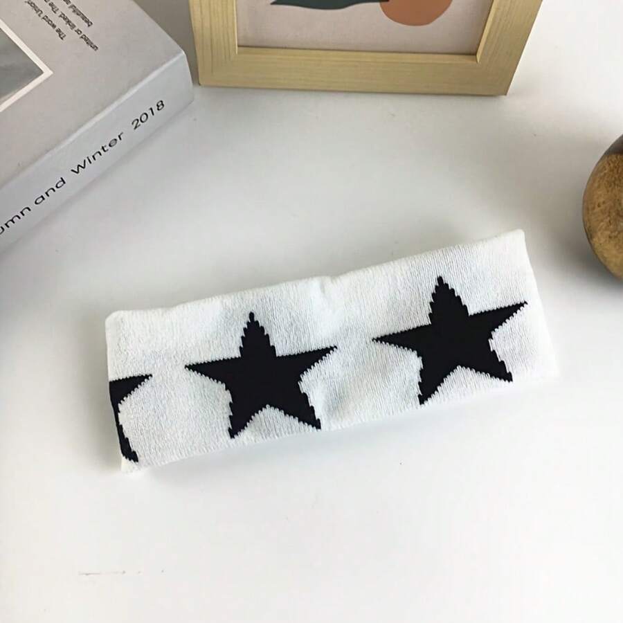 1pcs Star-Inspired Five-Pointed Star And Moon Headband, Casual Outdoor Yoga Sweat-Absorbent Wide-Band Elastic Band Chic Minimalist Hair Tie - 白星 - 查看 1