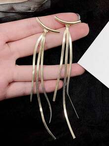 1 Pair S925 Silver Tassel Earrings, European & American Style, & Hypoallergenic, Creative Snake Bone Tassel Metal Long Earrings For Women, Suitable For Weddings, Galas, Music Festivals, Holidays - Gold - View 3