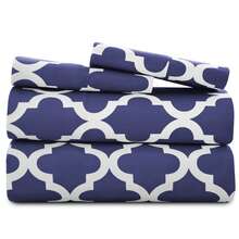 Lux Decor 4-Piece Quatrefoil Bed Sheet Set, Soft Brushed Microfiber Bedding With 16-Inch Deep Pocket Fitted Sheet, Breathable Hotel Luxury Sheets And Pillowcases, Fade And Wrinkle Resistant Bedding For Bedroom, Guest Room And Dorm - 海軍藍和白色 - 查看 1