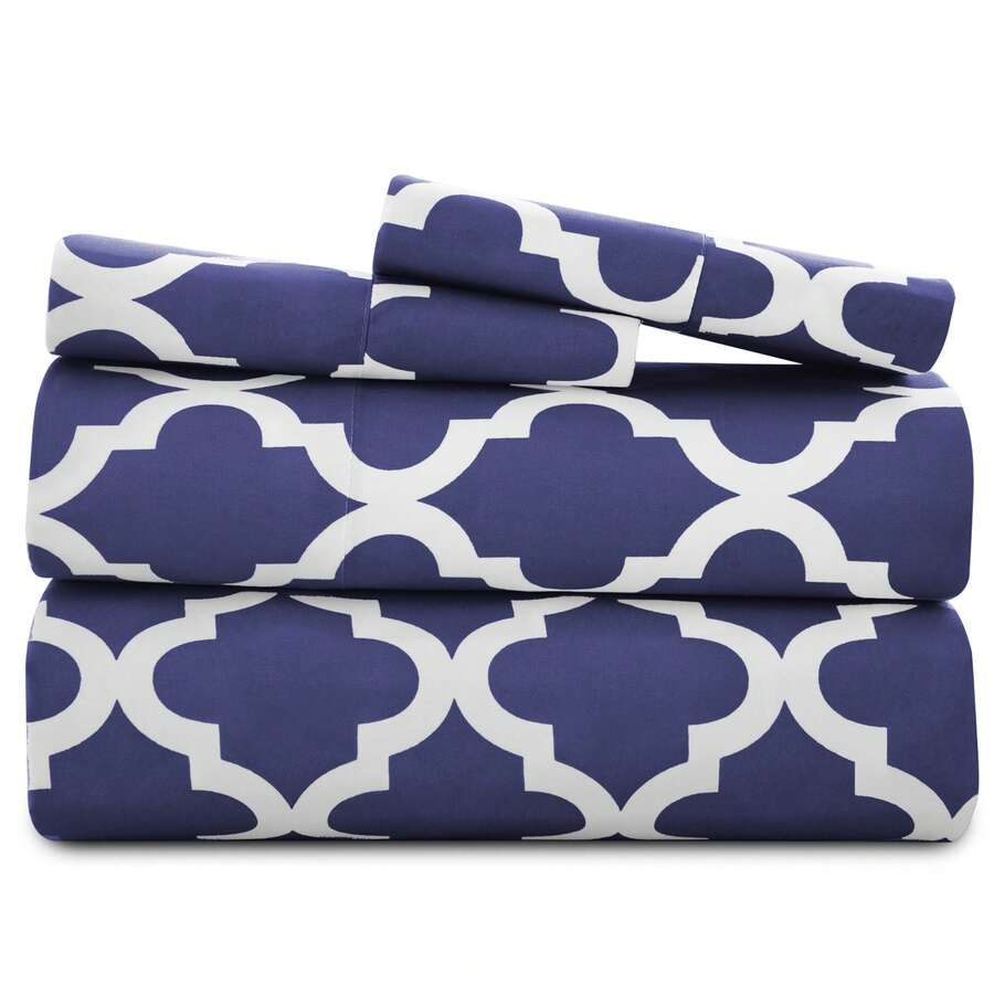 Lux Decor 4-Piece Quatrefoil Bed Sheet Set, Soft Brushed Microfiber Bedding With 16-Inch Deep Pocket Fitted Sheet, Breathable Hotel Luxury Sheets And Pillowcases, Fade And Wrinkle Resistant Bedding For Bedroom, Guest Room And Dorm - 海軍藍和白色 - 查看 1