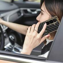 Fashionable Gold-Plated Ring Striped Leather Phone Case With Tempered Glass Screen Protector, Compatible With Samsung Galaxy Fold 3/4/5/6/7, Anti-Drop Protective Cover - Pink - View 9