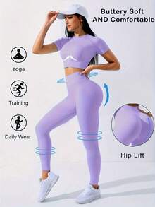 Workout Sets Outfits For Women – Yoga Leggings With Short Sleeve Crop Top, Slim Fit Tummy Control Butt Lifting Waist Shaping, Seamless Ribbed Texture, Breathable Soft Fabric, Non-Pilling, Perfect For Fall Winter Gym Yoga Running Fitness - 淺紫色 - 查看 10