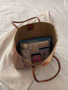 复古拼接PU法棍包 | 多功能通勤单肩包 - 棕色 - 查看 4